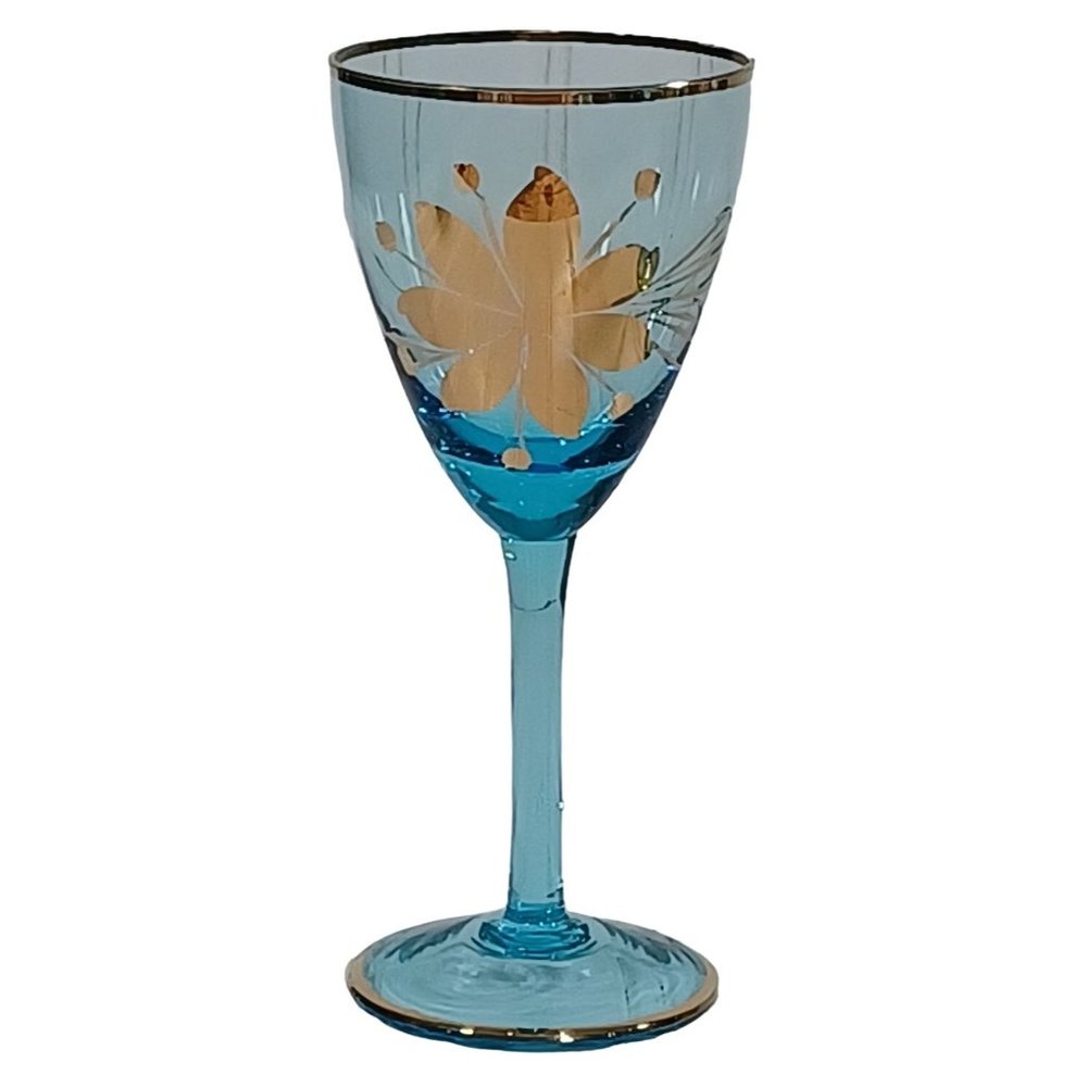 Mid Century Italian Art Glass Wine Cordial Glasses 24K Gold Turquoise Aqua Blue - Picture 5 of 7